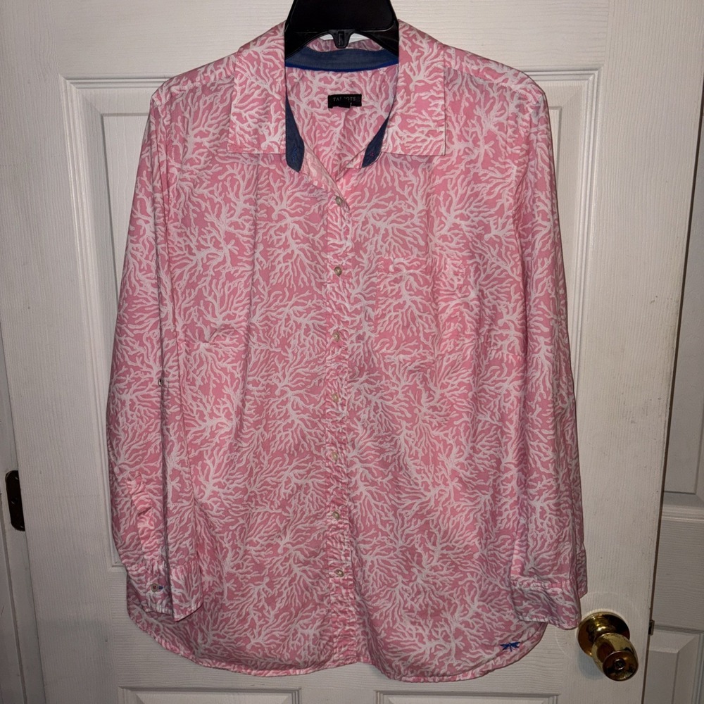 Talbots 1X Pink White Coral Print Button Up Blouse Cotton Shirt Chambray Trim